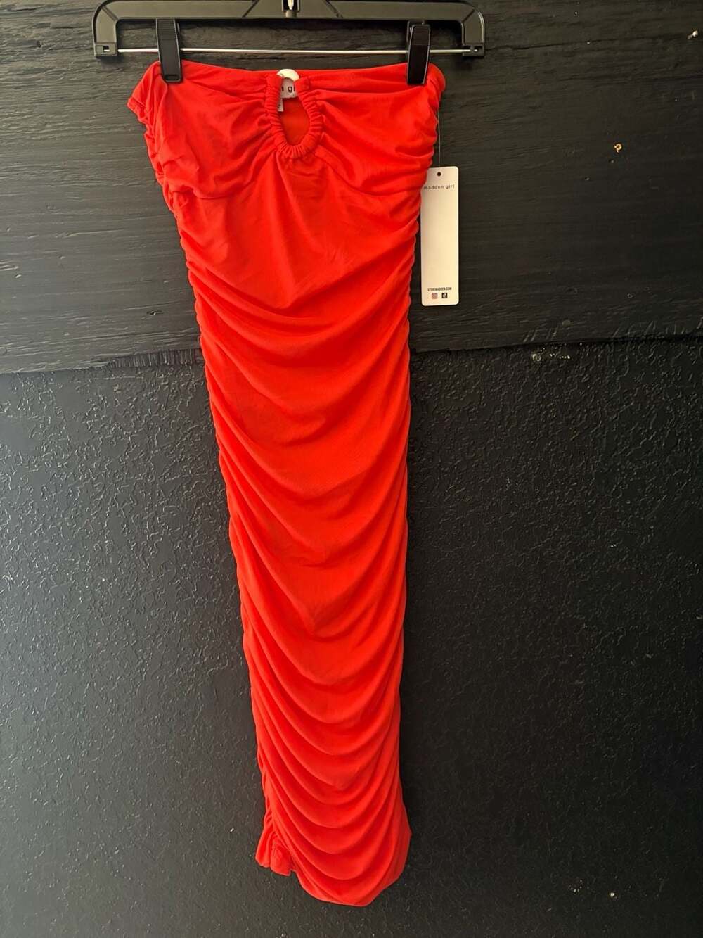 Madden Girl Red Ruched Mesh Strapless Midi Dress